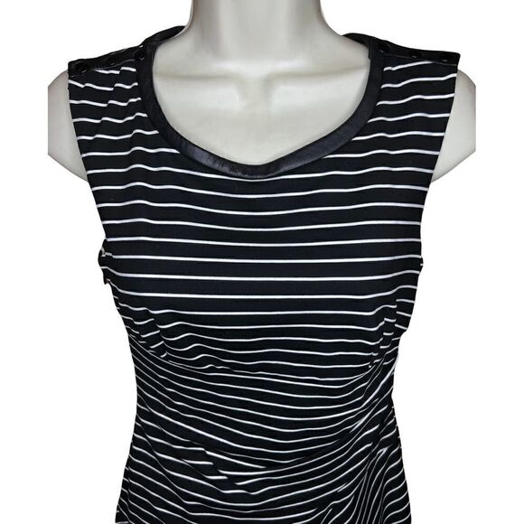 Cynthia Steffe Black Dress W/ White Stripes W/ Leather Trim Size 0 - Picture 4 of 6